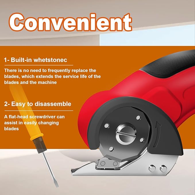 Cordless Electric Scissors Rechargeable with 2-Blade & Storage Bag, Powerful Rotary Cardboard Box Cutter 3.7V 2000mAh for Cloth Carpet Plastic Leather, Charging Cable(Red)