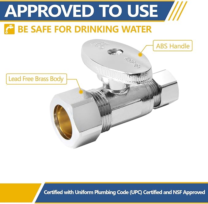 Straight Stop Valve,1/2" Nominal (5/8" OD) Compression x 3/8" OD Straight Shut-off Valve with 1/4 Turn on/off (Pack of 20)(VALVE122-20Pack)