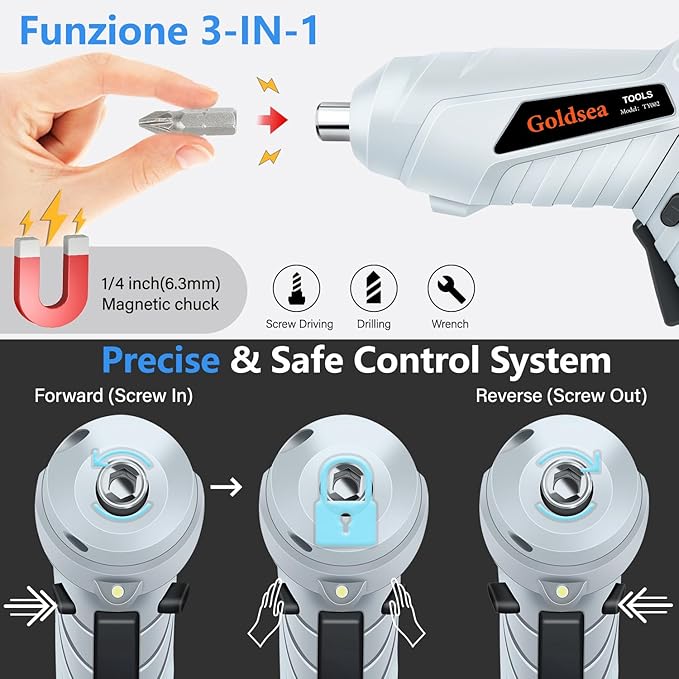 Electric Screwdriver Cordless, Goldsea 4.2V 3.5N.m 1500mAh Battery Rechargeable via Type-c, 1/4" 10pcs Magnetic Bits, Hex Chuck, 90째 to 180째 Adjustable Handle, LED Light for Home DIY & Repairs-Gray
