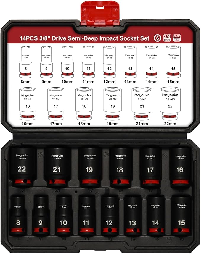 Mayouko 14PCS 3/8" Drive Semi-Deep Impact Socket Set, 8-22MM, Metric, CR-MO, Impact Grade Middle Length Socket Set, 6 Point