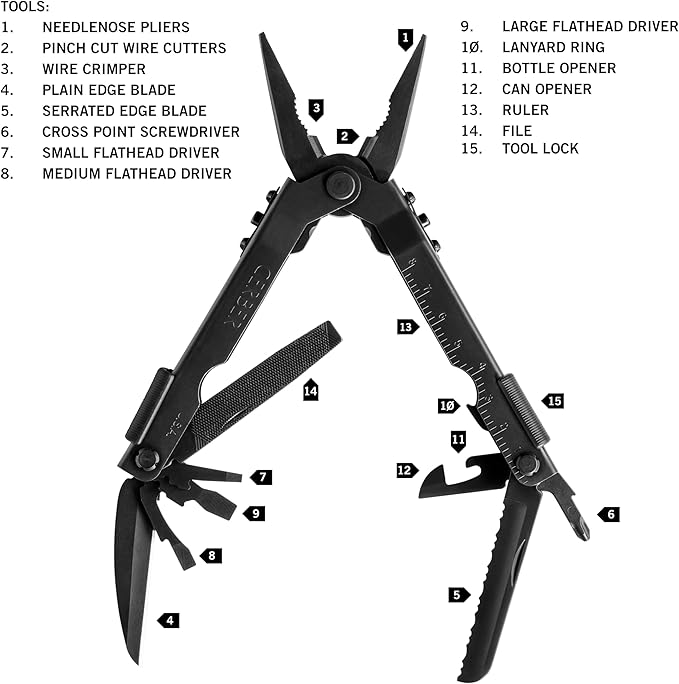 Gerber Gear Multi-Plier 600 - 14-in-1 Multitool with Sheath, Needlenose Pliers, Screwdriver, Serrated Knife, Wire Crimper, Bottle Opener, Can Opener & More - Made in USA - Black with Sheath