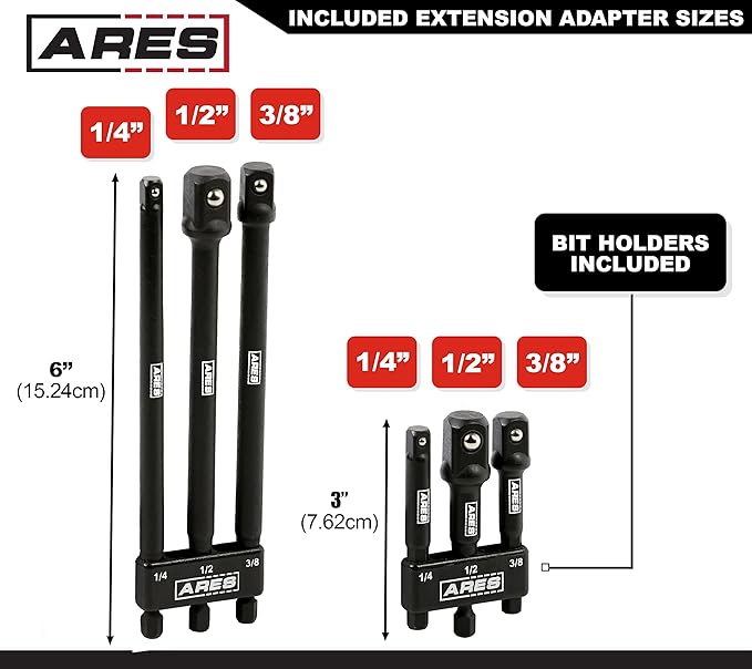 ARES 22025 ??6-Piece 3-Inch and 6-Inch Impact Grade Socket Adapter Set - Turns Impact Drill Driver into High Speed Socket Driver - 1/4-Inch, 3/8-Inch, and 1/2-Inch Drive with Storage Holder