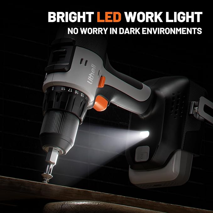 Litheli 20V Cordless Drill Driver, 1/2" Keyless Chuck, 2-Speed Electric Power Drill with 21+1 Torque Settings, Max 443 In-lbs, Battery Powered Drill for DIY, Woodworking & Home Projects