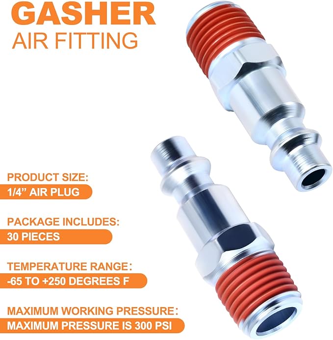 GASHER 1/4-Inch NPT Male Industrial Air Plug, Pneumatic Plugs 300PSI (30-Pack)