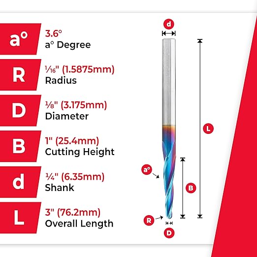 Amana Tool 46286-K-5 5-Pc CNC Solid Carbide Spektra Extreme Tool Life Coated Tapered Spiral 2D/3D Carving 1/8 Dia x 1/4 Inch SHK Router Bit Pack