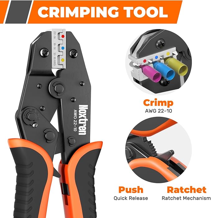 Noxtren Wire Stripper and Crimping Tool, AWG 24-10 Self-Adjusting Stripper Tool with AWG 22-10 Ratcheting Wire Terminal Crimper for Heat Shrink Wire Connectors