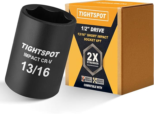 TIGHTSPOT 1/2 Inch Drive 13/16 Inch Shallow Impact Socket with Anti-Rounding 6 Point Design, Heat-Treated CRV Steel
