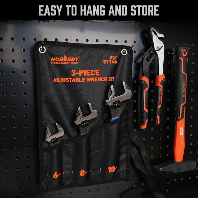 HORUSDY 3-Piece Adjustable Wrench Set (6/8/10 in), Wide Jaw Black Oxide Finish, Cr-V Steel, Metric & SAE Scales, Adjustable Spanner Set for Home Garage Workshop