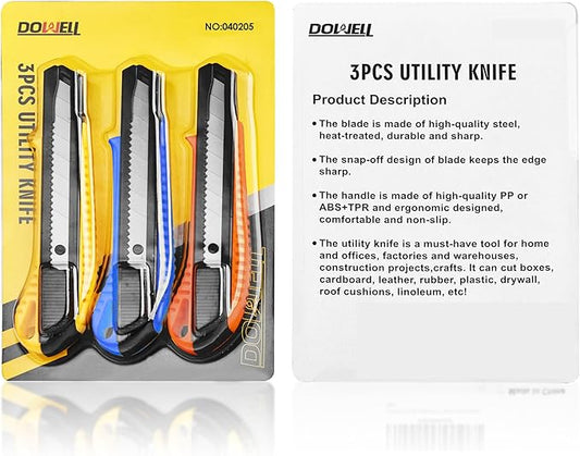 DOWELL Box Cutter Utility Knife Retractable Snap Off Blades Hobby Knife 3 Pack for Cutting Cardboard Boxes Leather (3 Colors)
