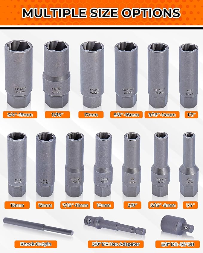 Deep Bolt Extractor Set,16 PCS Impact Bolt & Nut Remover Set, Stripped Lug Nut Remover, Extraction Socket Set for Removing Spark Plug, Damaged Rounded-Off Bolts, Nuts, Studs, Threaded Tubes