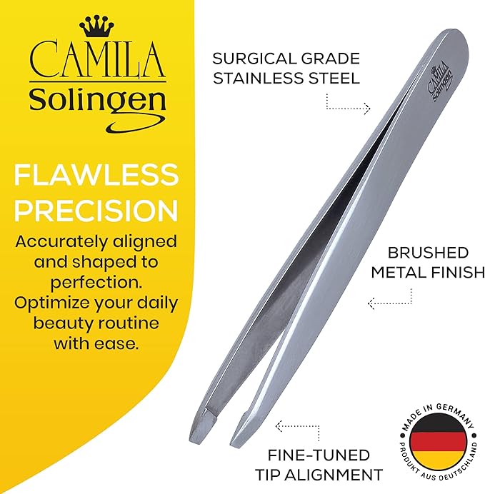 CS25 4" Professional Surgical Grade Stainless Steel Precision Tip Eyebrow Tweezers for Facial Hair Shaping & Removal. Beauty Tool for Men/Women. Made in Solingen Germany (Slanted)
