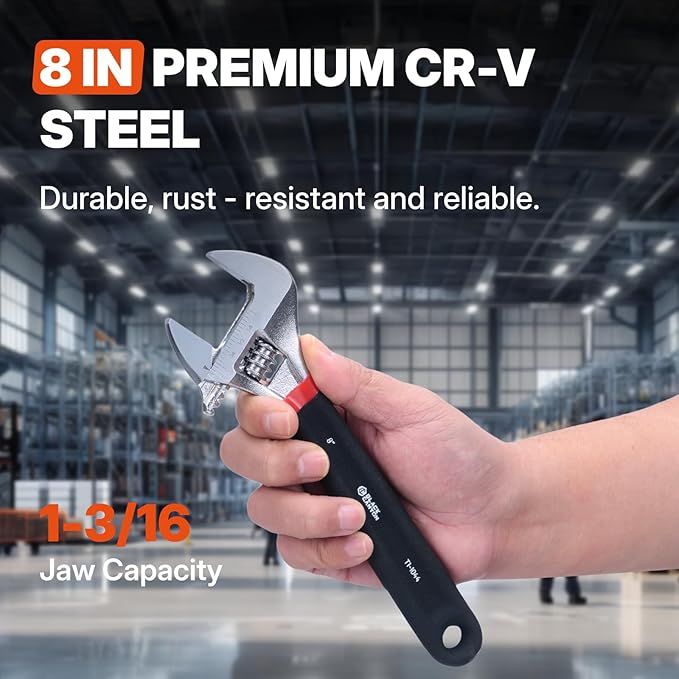 BLACK CANYON 8" Adjustable Wrench, 1-3/16" Jaw Capacity, Superior Cr-V Steel, Hex Jaw design, Smooth Jaw Adjustment, w/Comfort Grip, Fits home fixes, pipe installation, garage tasks