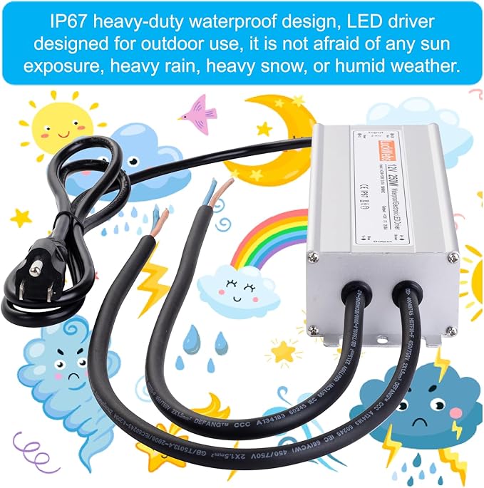 LED Driver 12V250W Waterproof Power Supply AC 90-130V to DC 12V20.8A Low-Voltage Transformer IP67 Converter Suitable for Indoor Outdoor 12 Series LED Strip Lights