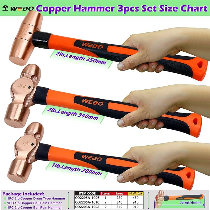 WEDO 3PCS Copper Hammer Set with Fiberglass Handle,1lb Ball Pein Hammer,2lb Ball Pein Hammer,2lb Drum Type Hammer,Die-Forge,Corrosion Resistant