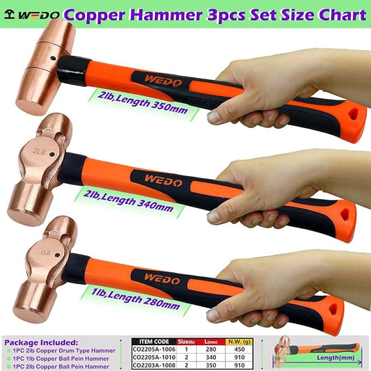 WEDO 3PCS Copper Hammer Set with Fiberglass Handle,1lb Ball Pein Hammer,2lb Ball Pein Hammer,2lb Drum Type Hammer,Die-Forge,Corrosion Resistant