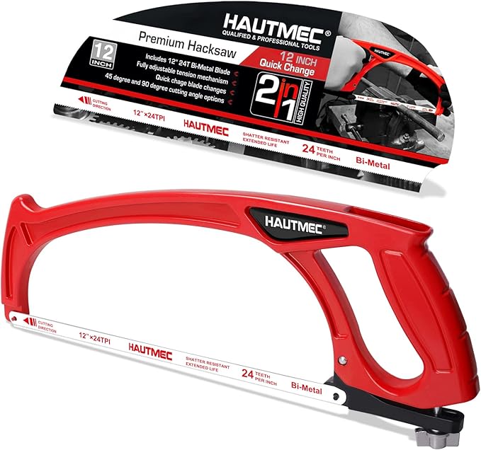 HAUTMEC 12-Inch Pro High Tension Hacksaw with Lightweight One-Piece Die-Cast Aluminium I-Beam Frame, 45°/90° Dual Cutting Angles, Metal Tension Knob, 24 TPI Bi-Metal Blade – HT0101
