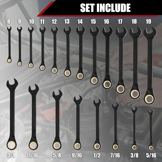 Mayouko 20PCS Reversible Ratcheting Combination Wrench Set, SAE 5/16"-3/4" & Metric 8-19mm, 12 Point, 72 Tooth, Cr-V Steel with Black Chrome Finish
