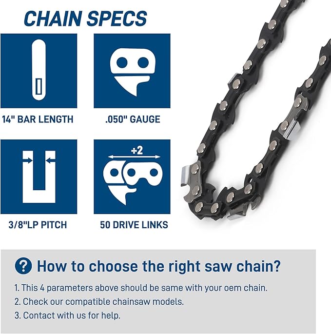 3-Pack 14 Inch Chainsaw Chain 3/8" LP Pitch .050" Gauge 50 Drive Links Fits 63PM3-50 Stihl MS194T MS193T MS192T, 36130050050, Oregon S50, T50, Remington RM1425 and More