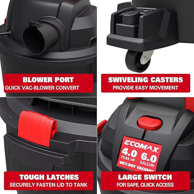 ECOMAX Wet Dry Vacuum 6 Gallon, 4 HP 85 CFM 3-in-1 Shop Vac with Suction/Blow/Wet Dry Function, Heavy-Duty Portable Poly Wet/Dry Vac Car Vacuum for Workshop, Jobsite, Garage and Home Cleaning
