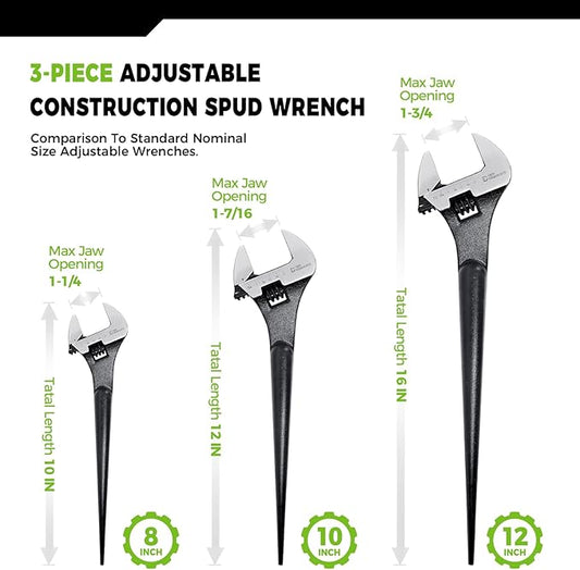 3-Piece Adjustable Construction Spud Wrench Set, 10-inch, 12-inch, 16-inch, SAE and Metric Scale Marked, CR-V Steel with Black Oxide Finish, Alignment Holes and Tail Crowbar Features