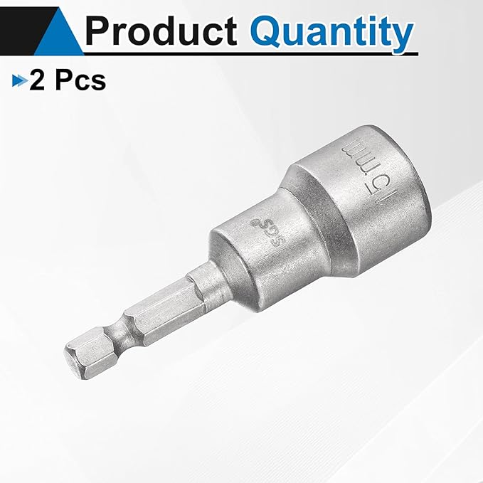 HARFINGTON 2pcs Nut Driver Drill Bit 15mm Metric Socket 1/4" Hex Shank 2.56" (65mm) Long Magnetic 6-Point Sockets Quick Change CR-V Steel Bolt Setters for Power Drill Drivers