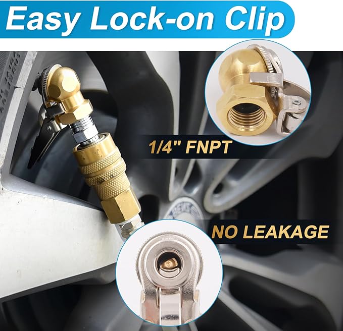 Tire Air Chuck Pack of 3, 1/4 FNPT Closed Ball Air Chuck with Clip for Inflator Gauge Compressor Accessories, Truck Auto Car Tire Hose Tool
