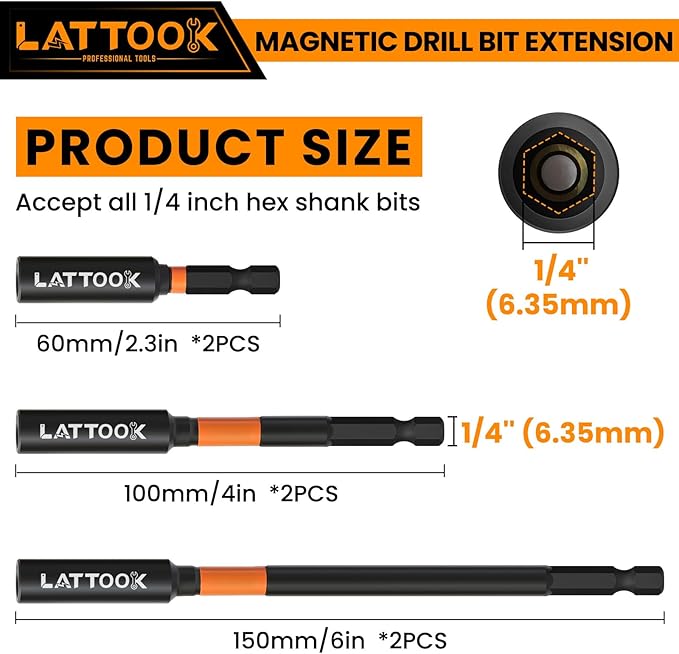 Drill Bit Extension Set, LATTOOK 6PCS Magnetic Drill Extension Bit Holder for Impact Driver, 1/4" Hex Shank Drill Bit Extender, 2.3'', 4'', 6'' Drill Bit Extension
