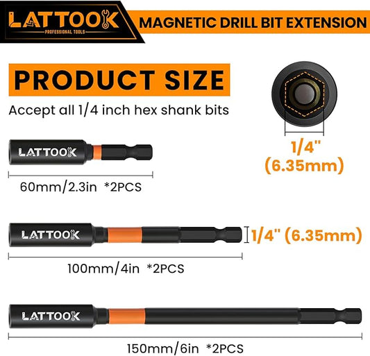 Drill Bit Extension Set, LATTOOK 6PCS Magnetic Drill Extension Bit Holder for Impact Driver, 1/4" Hex Shank Drill Bit Extender, 2.3'', 4'', 6'' Drill Bit Extension