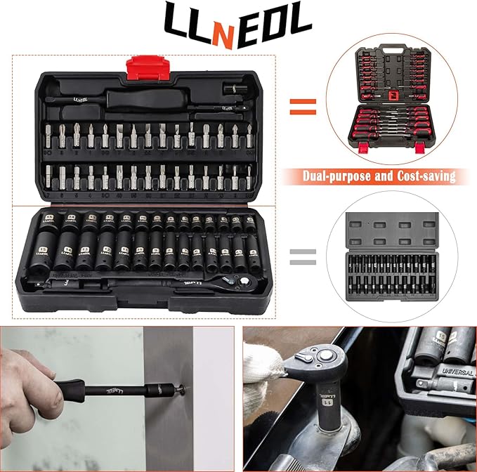 1/4 inch Impact Socket Set, 63 Piece Drive Socket Wrench Set Metric (4-15mm) Deep and Shallow 6 Point, Automotive Tool Kit with 72T Ratchet for Bicycle & Car Repairing