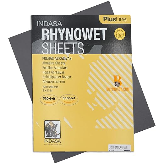 Indasa 50 PCS 9x11??Wet & Dry Sandpaper Sheets, 320 GRIT, Rhynowet Clog-Resistant Abrasive for Wood, Metal, Auto, Paint & Clear Coat Finishing, Sand Paper Aluminum Oxide, Plusline