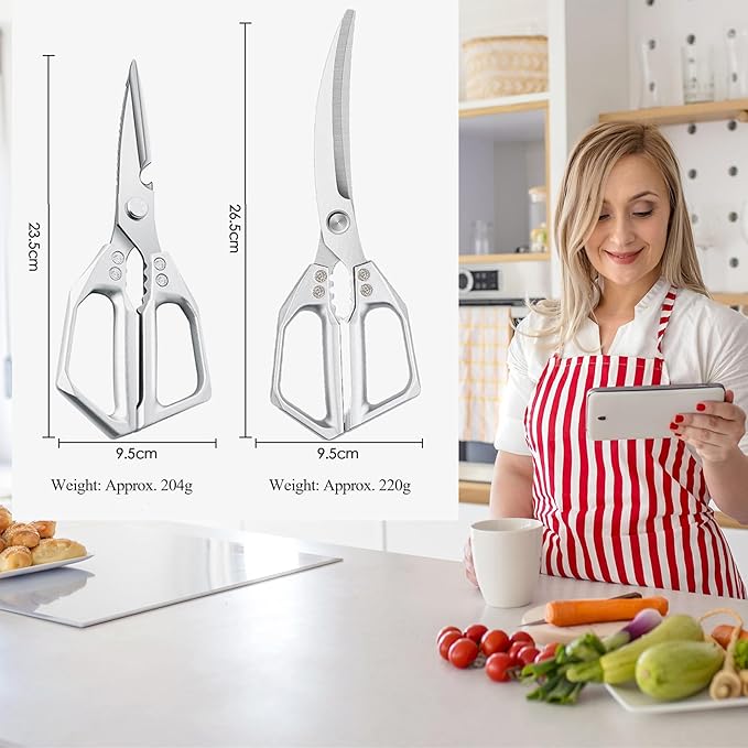 2-Piece Heavy Duty Kitchen Scissors Professional Stainless Steel Meat & Poultry Shears for Cutting Chicken Bones with Ergonomic Handles, Dishwasher Safe for Kitchen & BBQ Silver