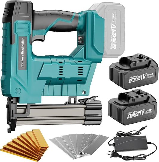 Cordless Brad Nailer, Nail Gun with 2Pcs 4.0Ah Battery, 18 Gauge 2 in 1 Electric Staple Guns Battery Powered for Upholstery & Carpentry, Include 1600Pcs Nails & Staples, Charger (Brad Nailer)