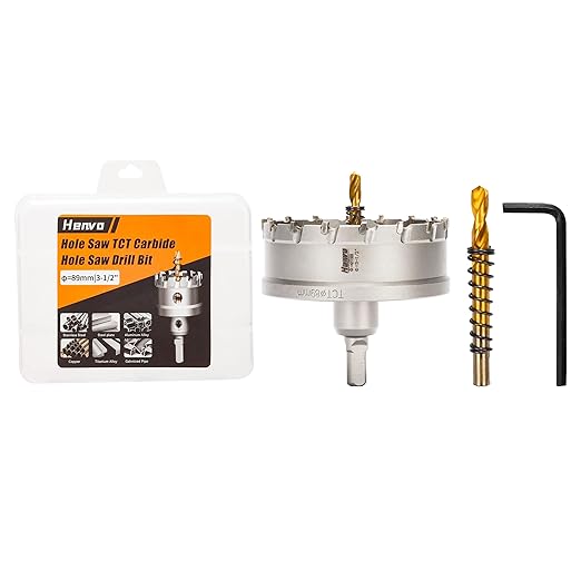 Hole Saw 3-1/2" (89mm) Heavy Duty Carbide with 2 Pilot Drill Bits - Metal Hole Cutter Cuts Stainless Steel, Iron, Copper, Brass, Plastic