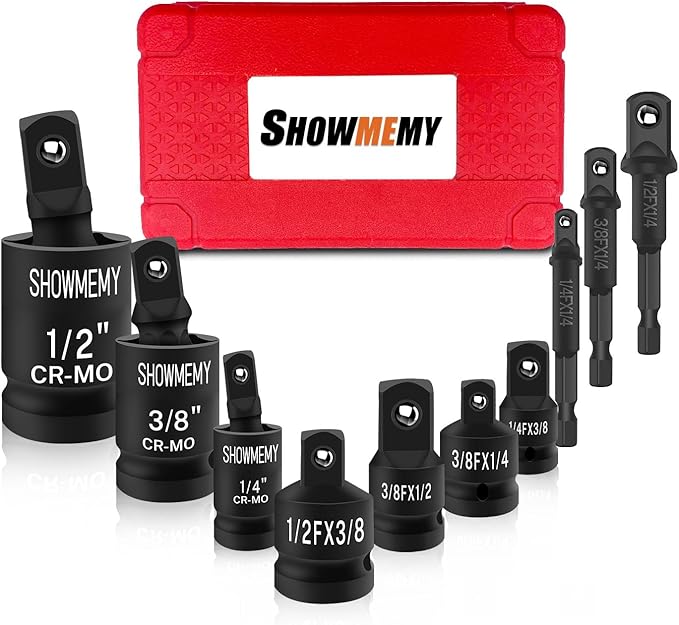 Universal Joint-Socket, 10 Pcs Impact Swivel Socket Set with 3 Pcs Impact Socket Adapter, and 4 Pcs Reducer Set(1/2" to 3/8"), Cr-Mo Steel, 1/4-Inch, 3/8-Inch, 1/2-Inch Drive/Adapter