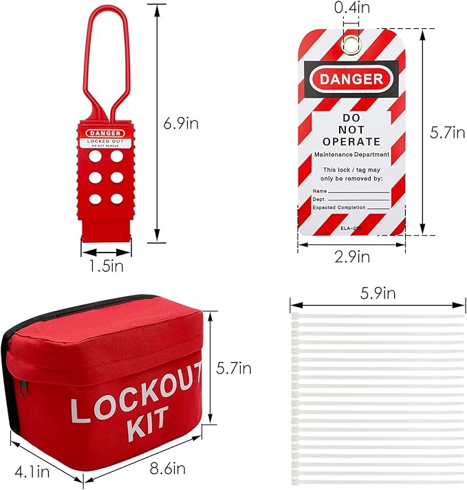 JOJOMARK Lockout Tagout Kit Electrical Loto - Group Lockout Hasps, Lockout Tags, Safety Padlocks with Number, Nylon Ties with Pocket Bag (Red Bag kit)
