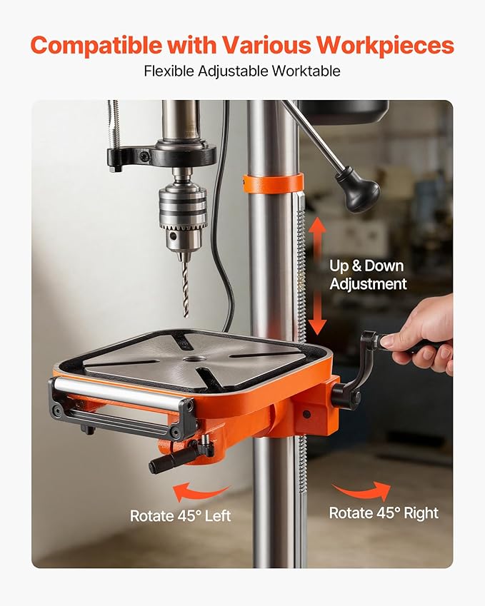 VEVOR 12-Inch Benchtop Drill Press, 6.2 Amp, 1 HP Bench Drill Press, 530 to 3140 RPM Variable Speed, 0-45째 Tilting Worktable, with Laser and LED Work Light, Tabletop Drilling Machine, for Wood Metal