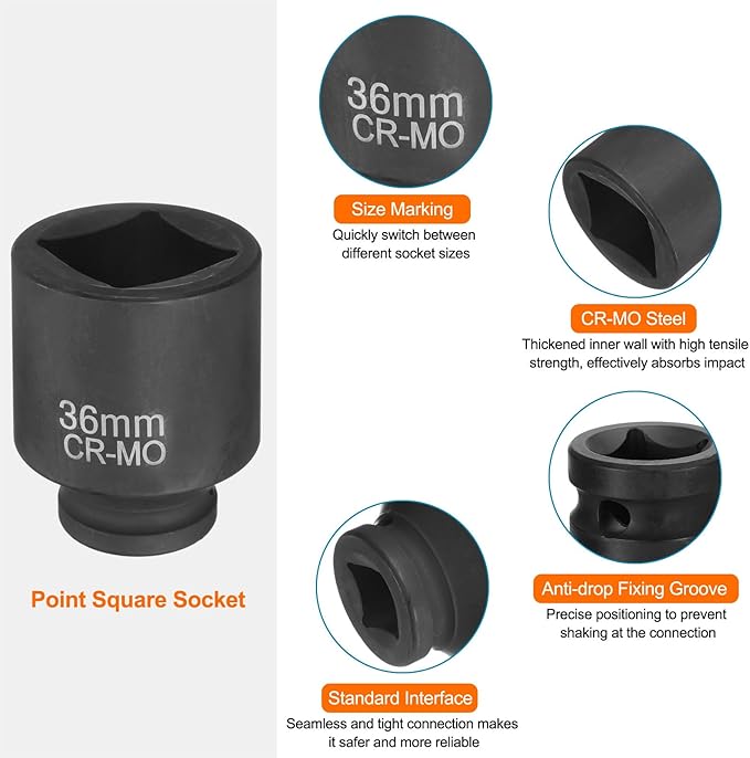 HARFINGTON 4 Point Square Socket 3/4" Drive 36mm Metric Square Impact Socket CR-MO Blackening Standard Wheel Sleeve Pneumatic Sleeve Tool for Auto Repair Mechanical Maintenance Home Use