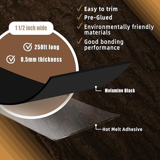 GSCIT Club Melamine Edge Banding, 1 1/2 Inch x 250ft Black With Hot Melt Adhesive Pre-glued for Cabinet, Flexible Veneer Edging for Plywood Furniture Table