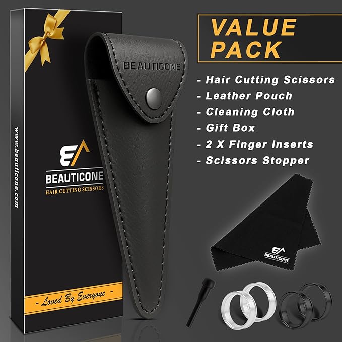 BEAUTICONE 짰 Hair Cutting Scissors - High Carbon SS 6.5" Professional Barber-Grade Salon Shears with Serrated & Razor Edge - Black Premium Gift Box with Leather Pouch & Extra Accs - Ultra Lightweight