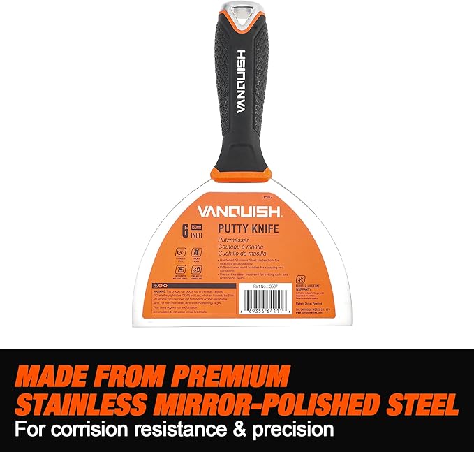 VANQUISH Stainless Steel Putty Knife, 3 Inch Paint Scraper with Soft Grip Handle and Metal Hammer End for Drywall Spackle, Taping, Scraping Paint 3584