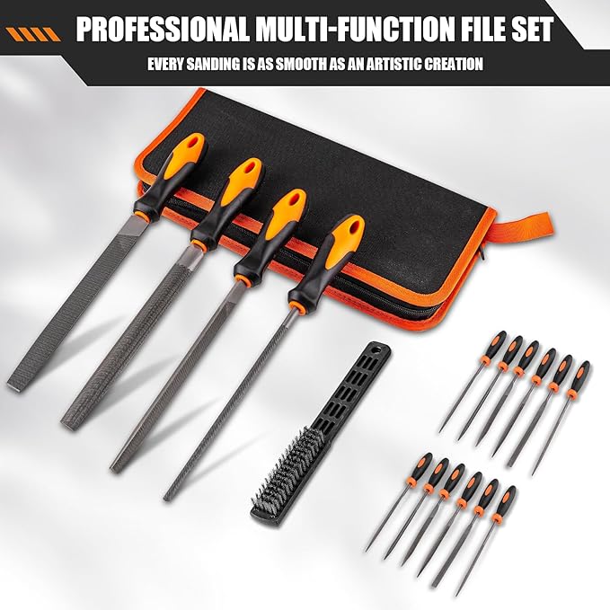 17 PCS Metal File Set Upgraded Hemicycle, Angle, Round, Flat & Needle Files for Plastic, Wood, Metal Projects - Alloy Steel Hand Tools with Storage Case