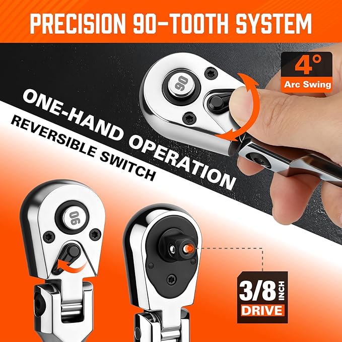 HORUSDY 3/8" Drive 90-Tooth Flex Head Ratchet Handle, 180째 Adjustable CR-V Ratchet with Quick Release & Reversible Switch, 4째 Swing Arc Socket Wrench for Automotive, Bike & DIY Repair