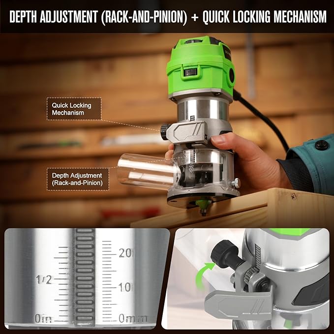 GALAX PRO 6.5 Amp Compact Wood Router with Fixed Base,1.25 HP Variable-Speed Trim Router 12000-30000RPM, Router Bits, Edge Guide, Roller Guide & Dust Hood