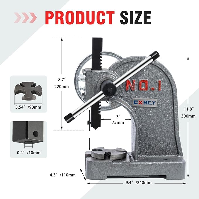 CXRCY Arbor Press 1 Ton with Hand Wheel, Cast Iron Heavy duty Manual Arbor Press 1 Ton, 5.5" Maximum Height, Desktop Arbor Press, Metal Punch Press Machine for Stamping Bending Forming Stretching