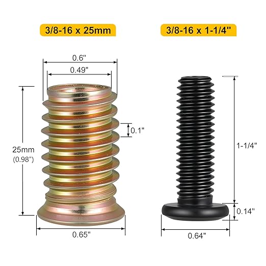 Threaded Inserts and Bolts Set, 9 Sets, 3/8-16 x 25mm Threaded Inserts for Wood, 3/8-16 x 1-1/4" Furniture Screws, 3/8 Bolt Flat Head 304 Stainless Steel, Hex Socket Drive, with 2Pcs Hex Wrench