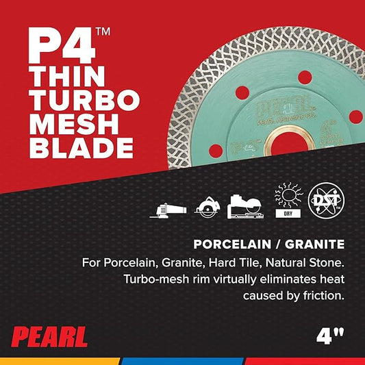 PEARL ABRASIVE CO. P4 Thin Mesh Turbo Porcelain Blade 4" 5/8"-20mm-7/8 4 Holes