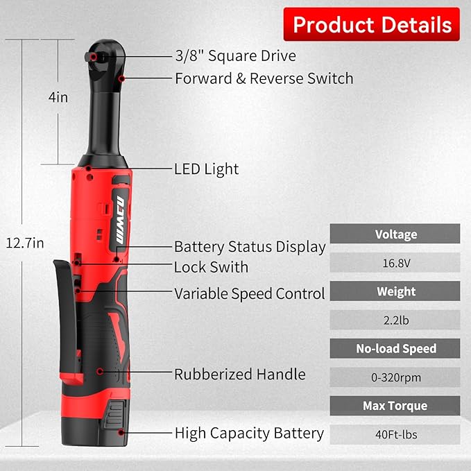 NAWIN 16.8V Electric Ratchet Wrench, 3/8" cordless ratchet with 2 Batteries, 40 Ft-lbs, Ultimate Mechanic Tool Set, Ratchet Wrench 3/8", Power Ratchet Tool Kit (Extended Cordless Ratchet)