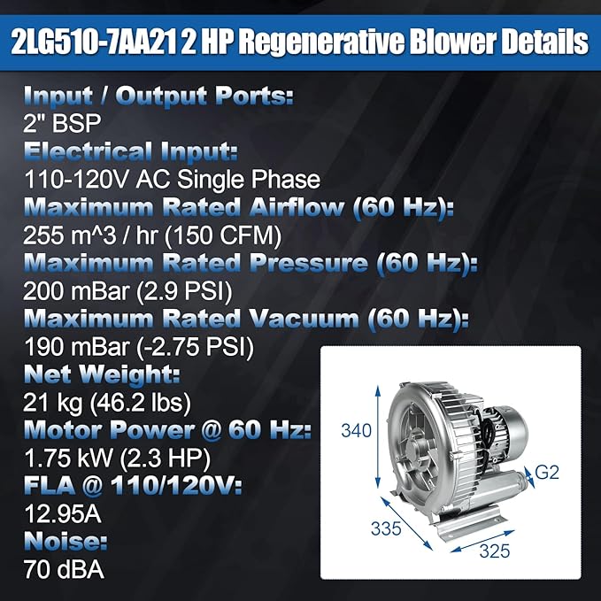 2LG510-7AA21 2 HP Regenerative Blower 110-120V 150 CFM 1.75 kW Vacuum Pump for Industrial Air Blowing, Vacuum Systems, Aeration Replace 2LG5107AA21