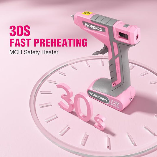 WORKPRO Pink Cordless Hot Melt Glue Gun, 7.2V Rechargeable Fast Preheating Glue Gun Kit with 20 Pc Premium Mini Glue Stick, Automatic-Power-Off Hot Glue Gun for Art, Craft, Decoration - Pink Ribbon