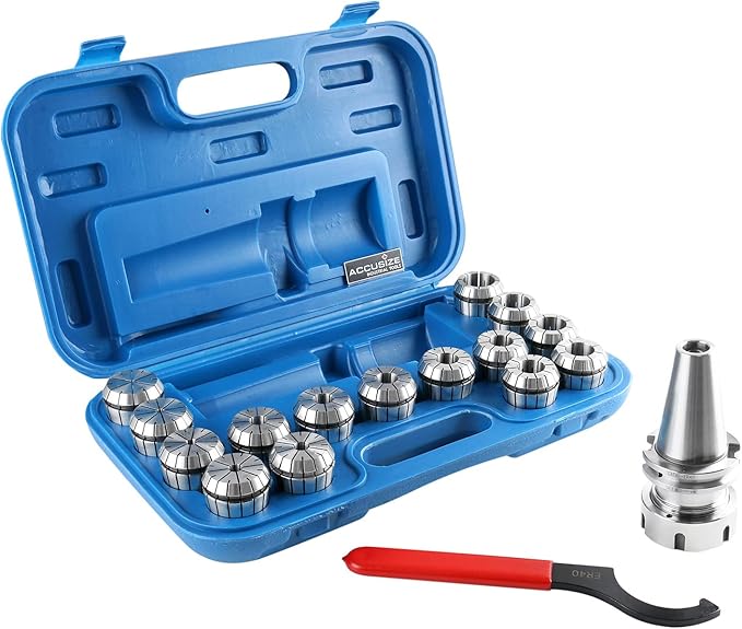 Accusize Industrial Tools Cat40 Shank and 15 Pc Er40 Collet Set with Wrench in Fitted Strong Box, 1/8 to 1 inch, Ct40-Er40